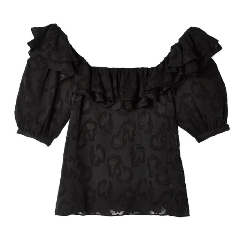 Rebecca Taylor Satin Jacquard Ruffle Top Blouse sz 0 XS - Picture 2 of 14